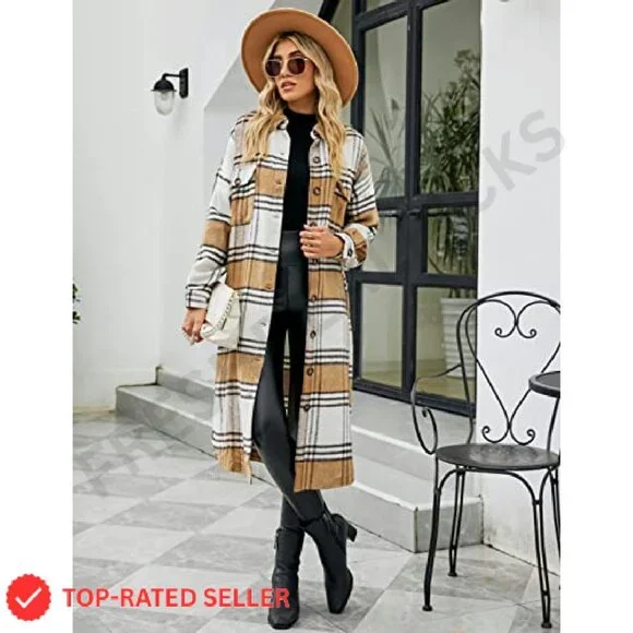 Oversized Plaid Trench Coat Women's Flannel Shacket Classic Fall Layering Piece